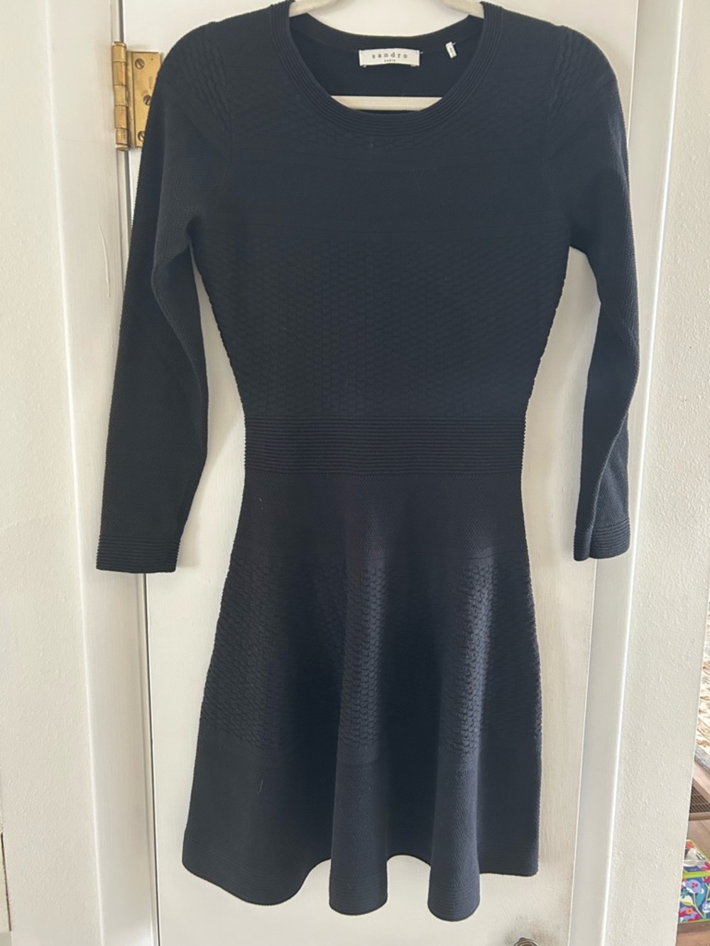 Sandro Black Long-Sleeve Textured Knit Fit & Flare Dress